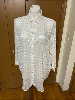 White Sheer Grid-Pattern Button-Up Blouse - Lightweight Women’s Top